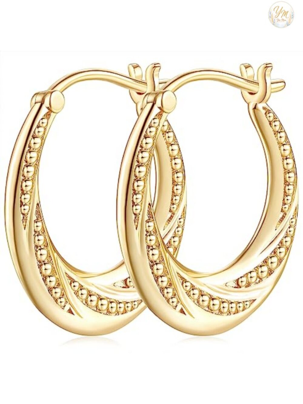 14K Gold Plated Hoop Earrings for Women - Chic Engraved Design, Hypoallergenic